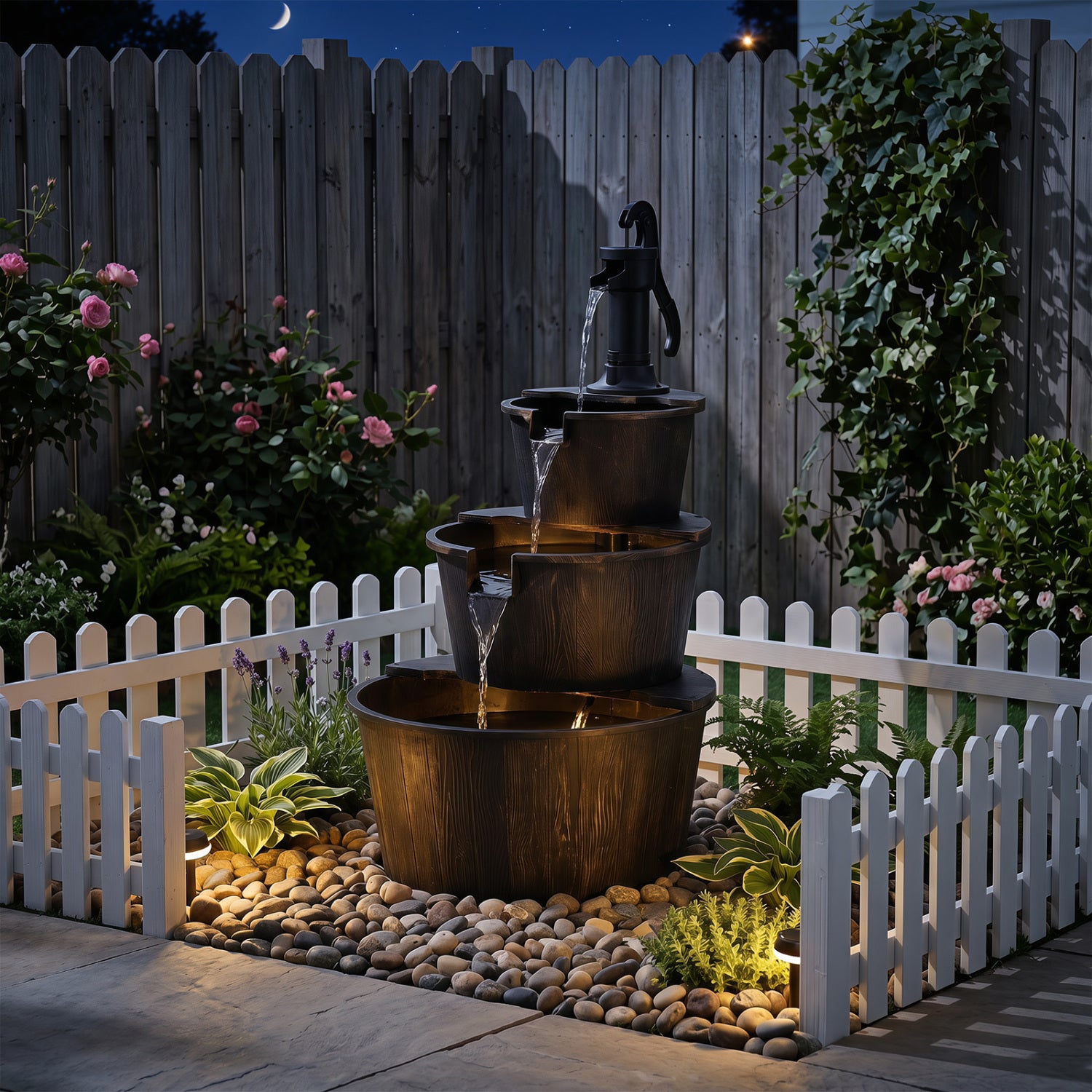 3-Tier Outdoor Barrel Waterfall Fountain with Electric Pump