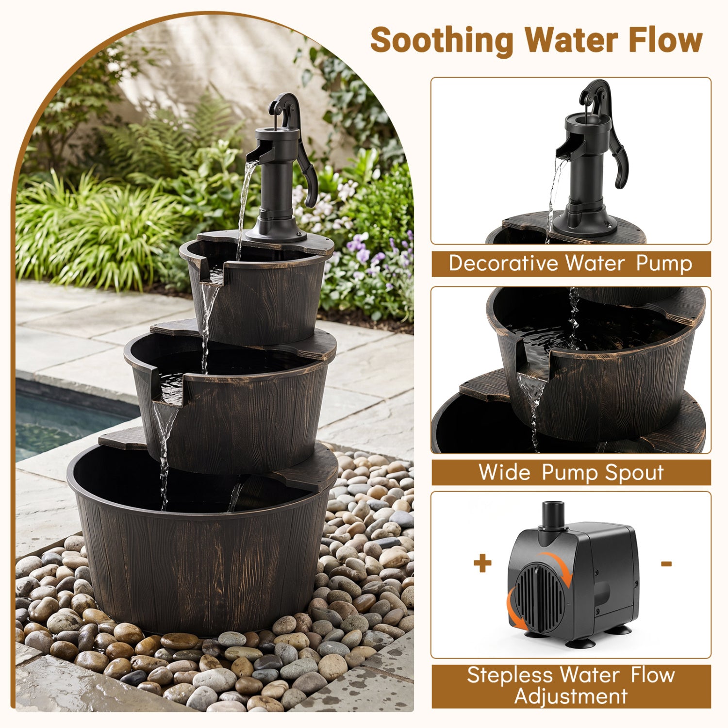 3-Tier Outdoor Barrel Waterfall Fountain with Electric Pump
