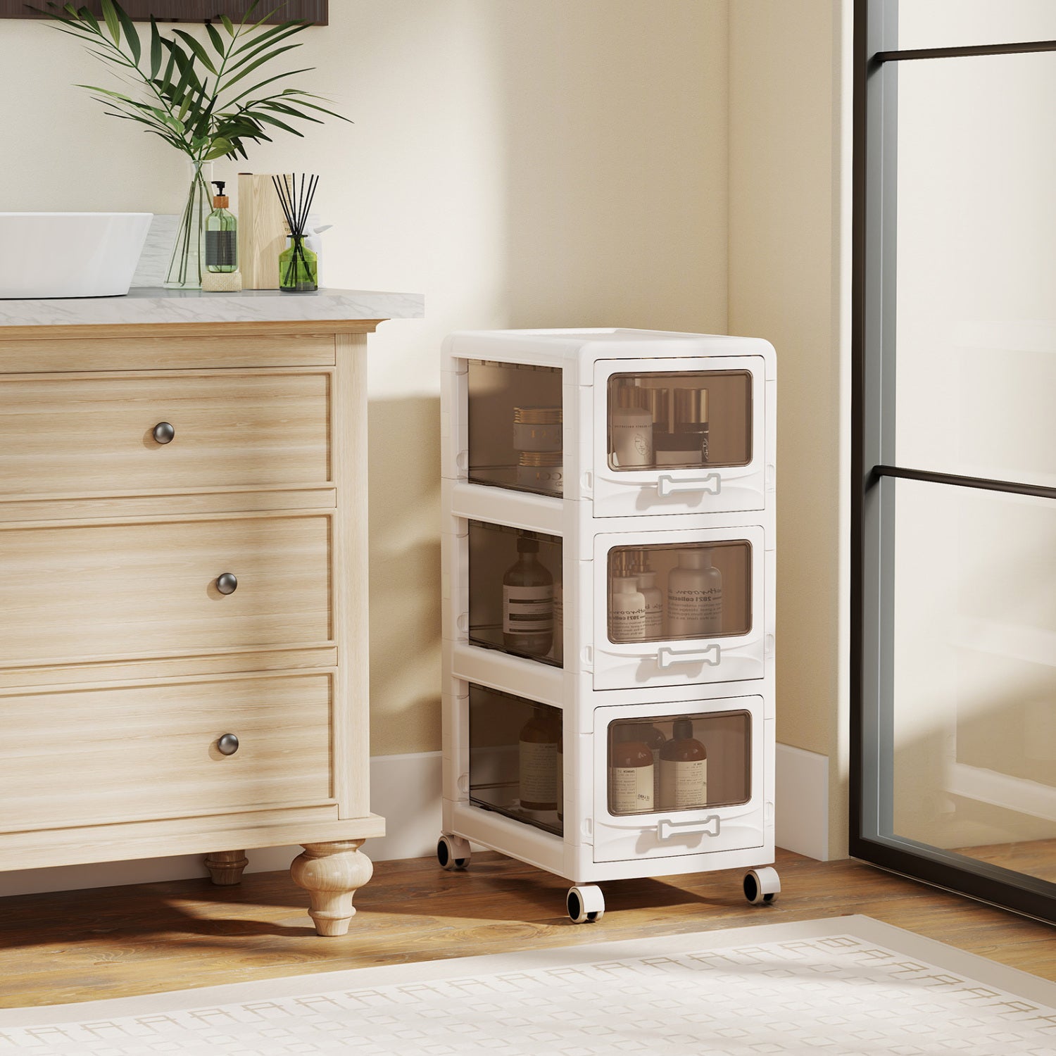 3-Tier Plastic Drawer Storage Organizer Rolling Cart with 3/4/5 Drawers and Lockable Wheels
