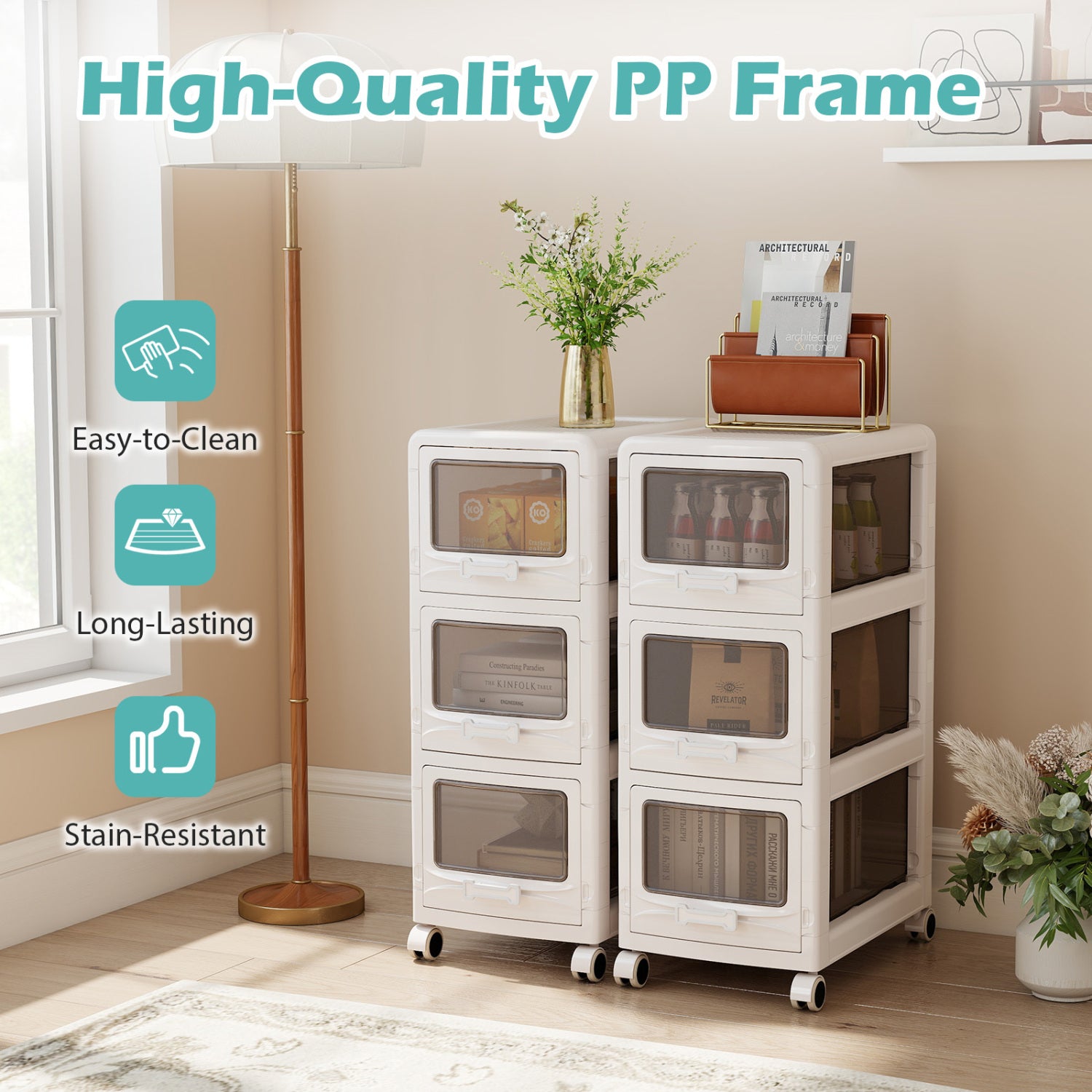 3-Tier Plastic Drawer Storage Organizer Rolling Cart with 3/4/5 Drawers and Lockable Wheels