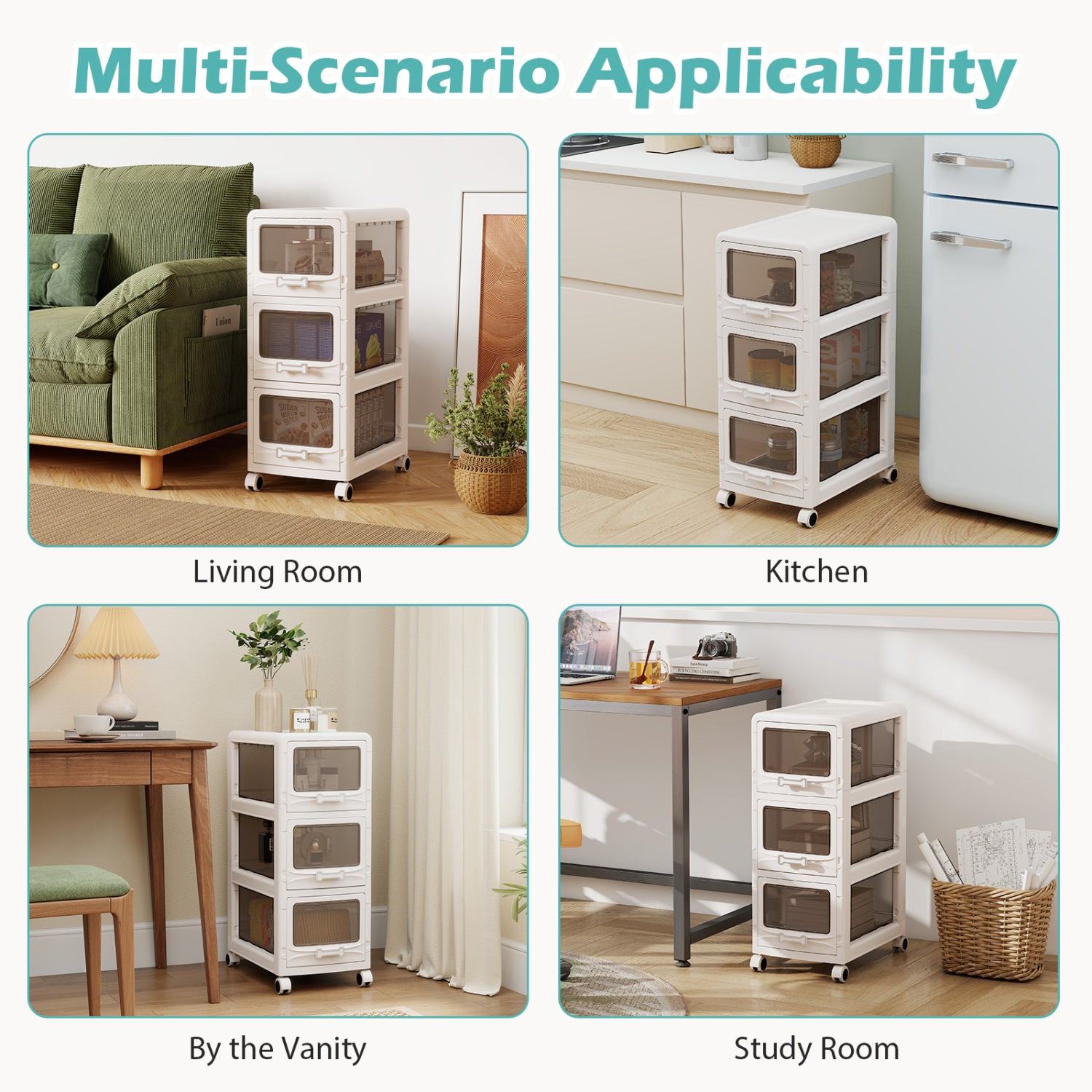 3-Tier Plastic Drawer Storage Organizer Rolling Cart with 3/4/5 Drawers and Lockable Wheels