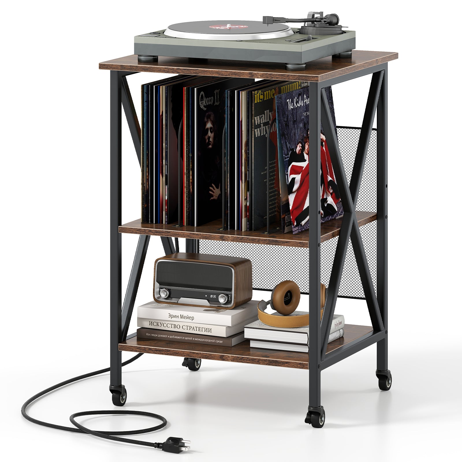 3-Tier Record Player Stand with Charging Station and Adjustable Shelf-Coffee