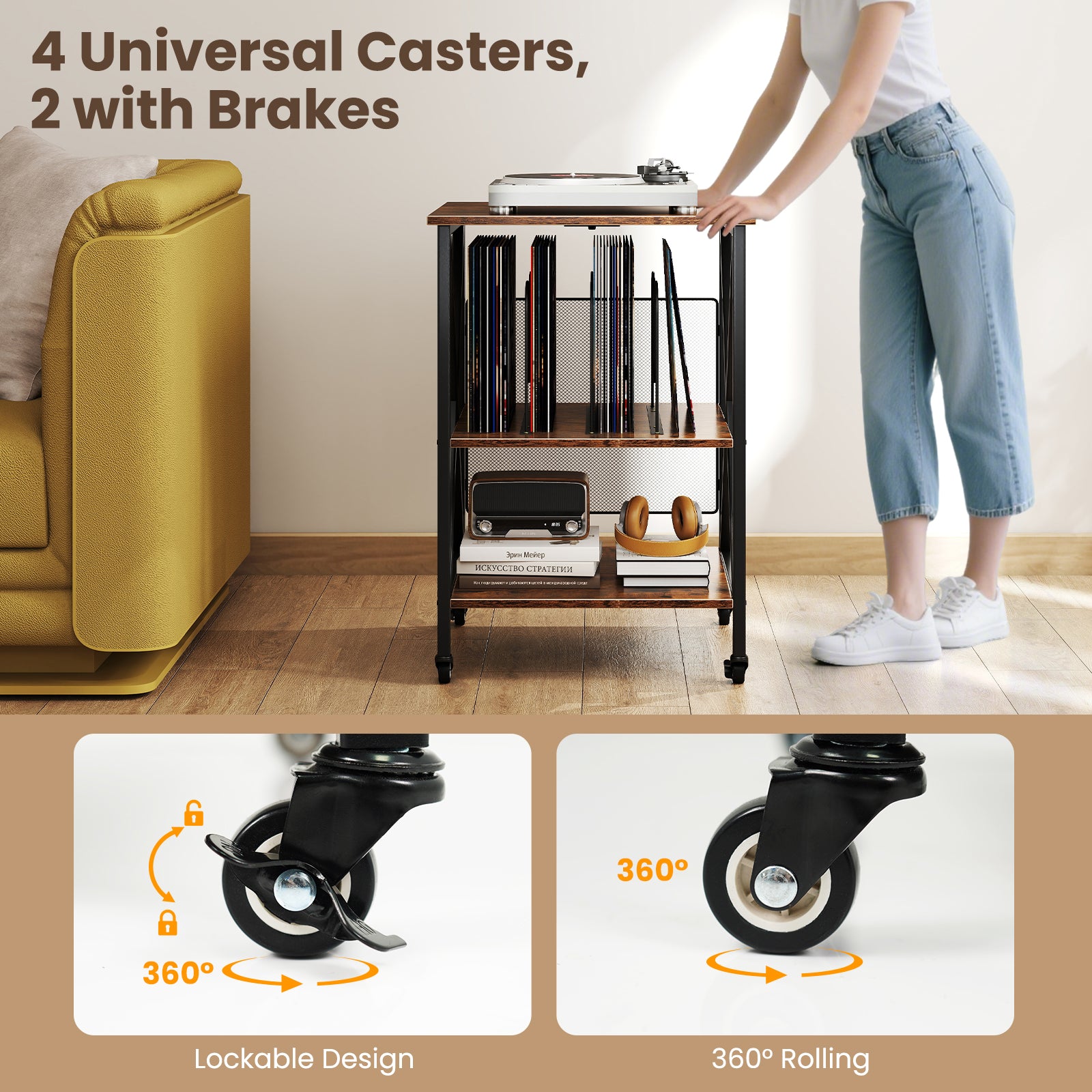 3-Tier Record Player Stand with Charging Station and Adjustable Shelf-Coffee