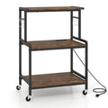 3-Tier Rolling Microwave Cart with Power Outlet and Lockable Wheels and 10 Hooks-Rustic Brown