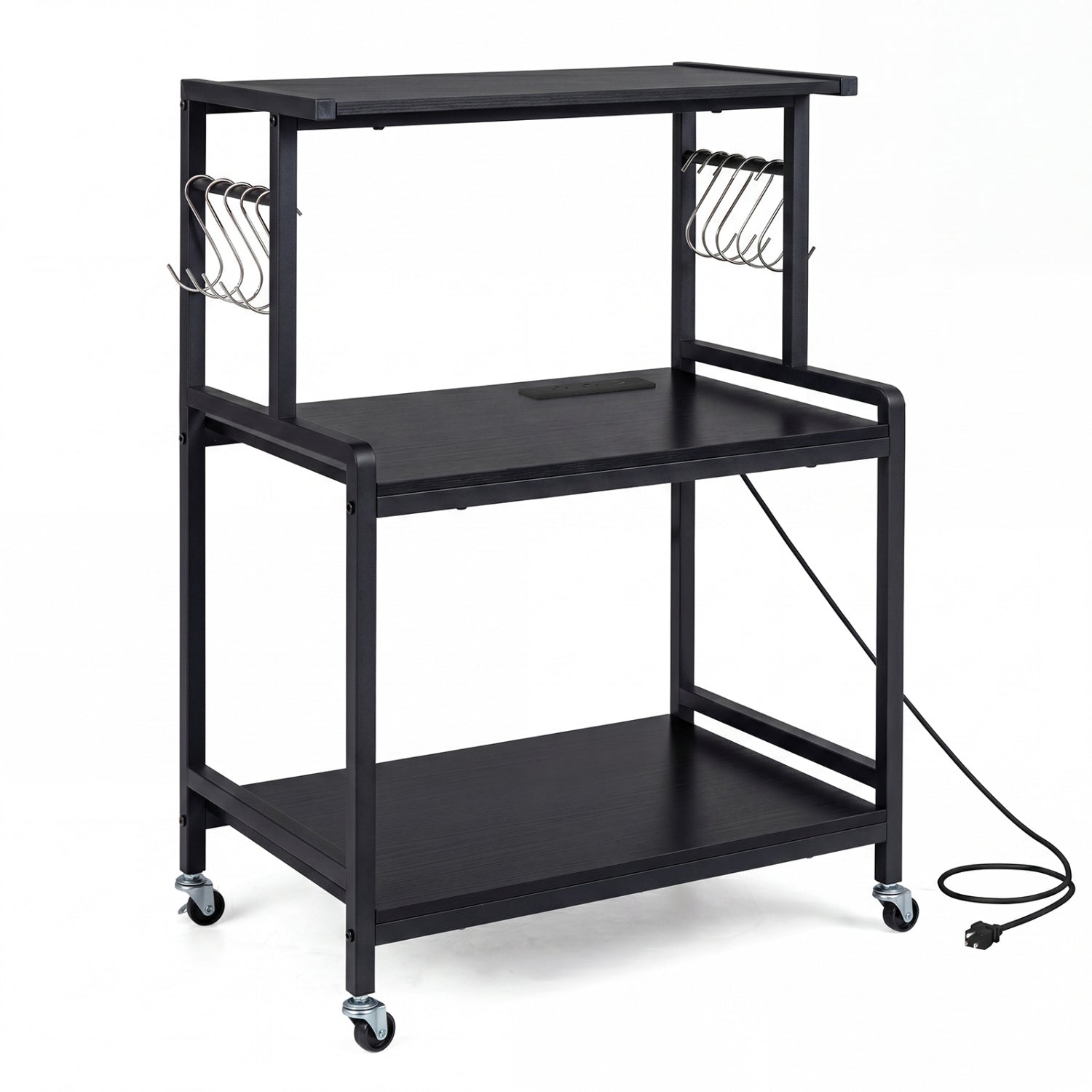 3-Tier Rolling Microwave Cart with Power Outlet and Lockable Wheels and 10 Hooks-Black