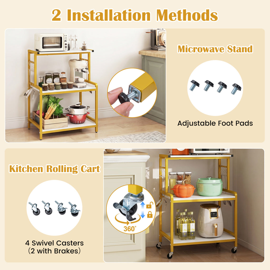3-Tier Rolling Microwave Cart with Power Outlet and Lockable Wheels and 10 Hooks-White