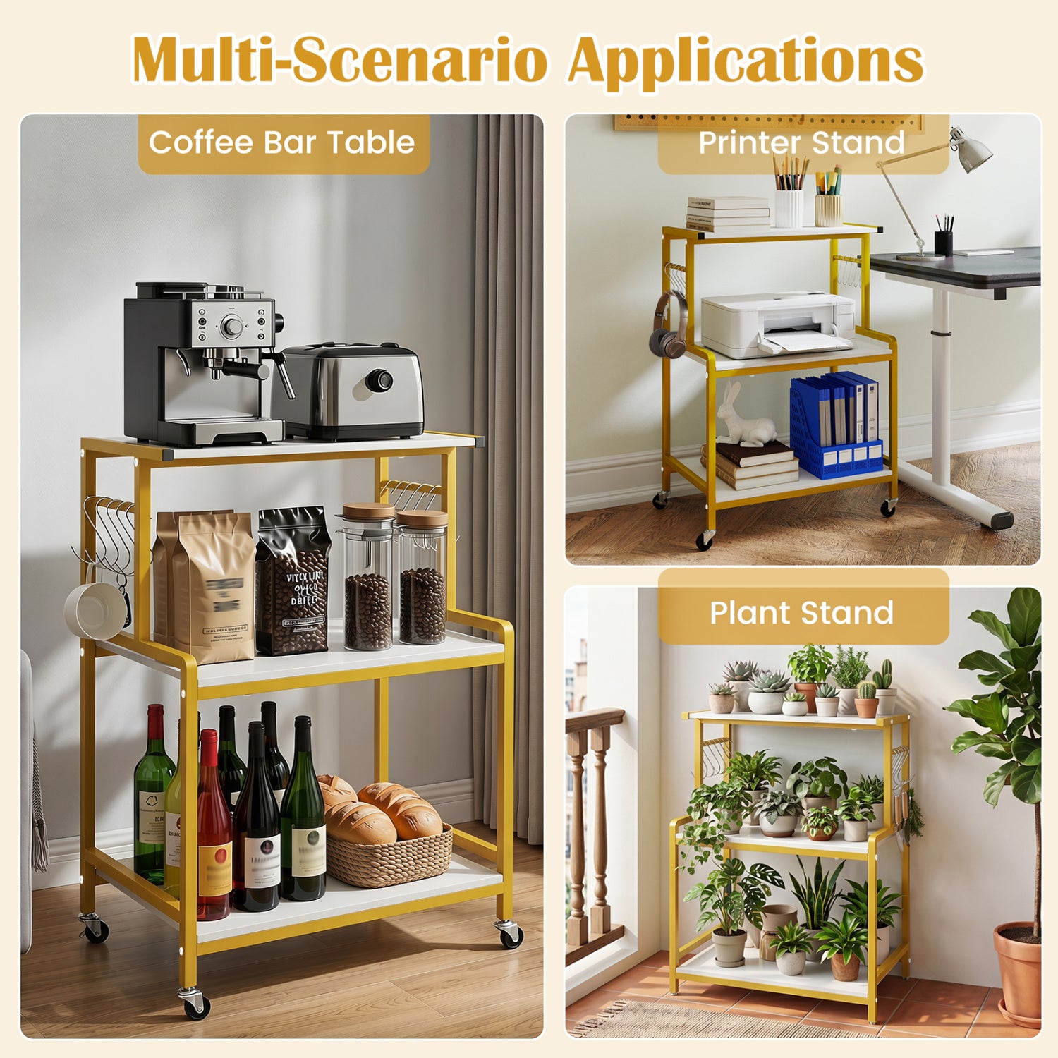 3-Tier Rolling Microwave Cart with Power Outlet and Lockable Wheels and 10 Hooks-White