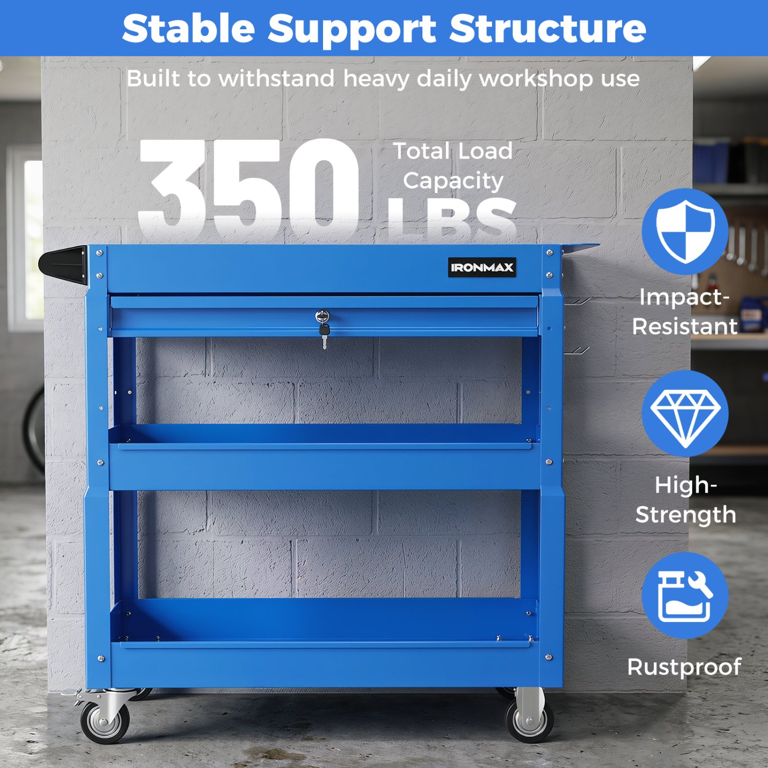 3 Tier Rolling Tool Cart with Lockable Drawer for Garage and Workshop-Blue