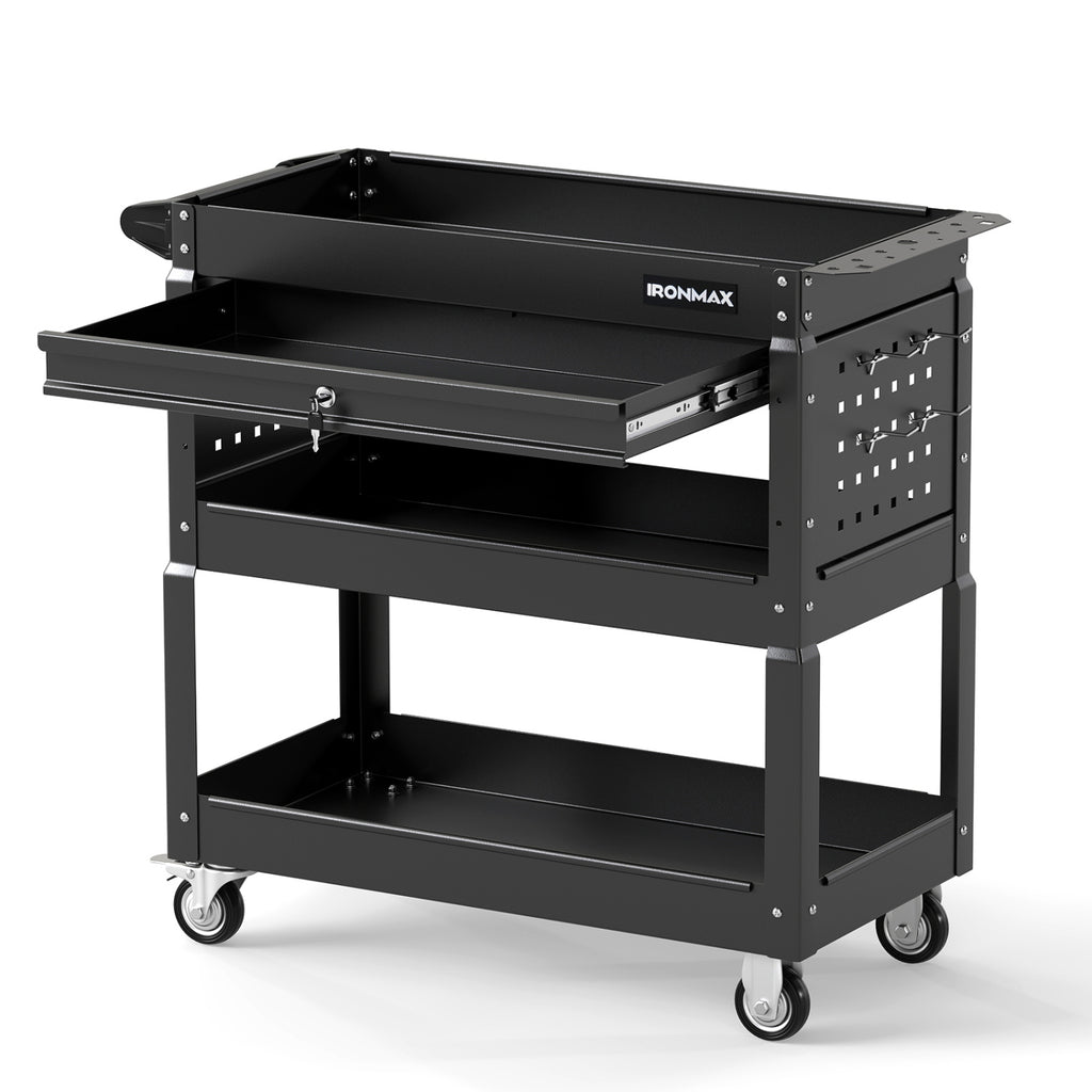 3 Tier Rolling Tool Cart with Lockable Drawer for Garage and Workshop-Black