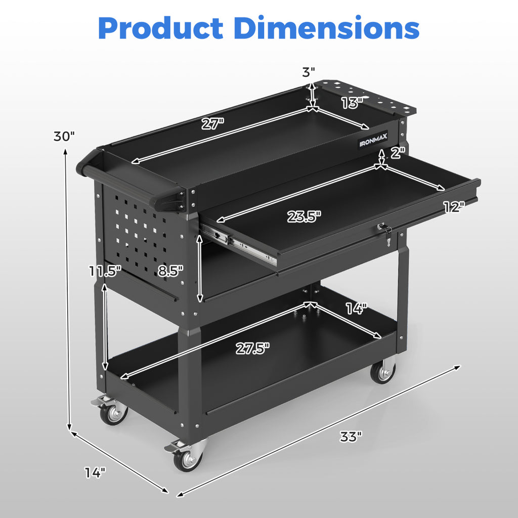 3 Tier Rolling Tool Cart with Lockable Drawer for Garage and Workshop-Black