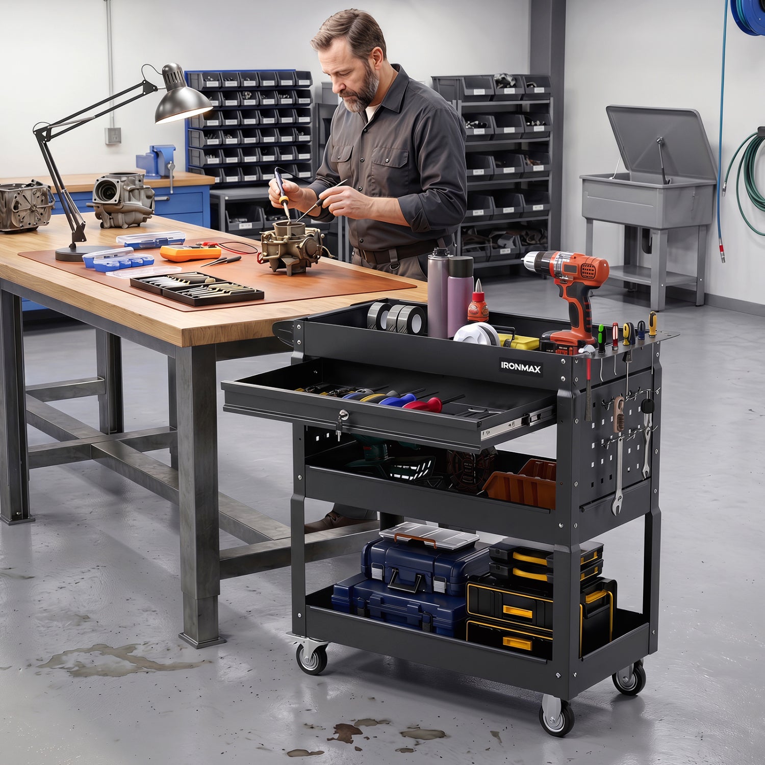 3 Tier Rolling Tool Cart with Lockable Drawer for Garage and Workshop-Black