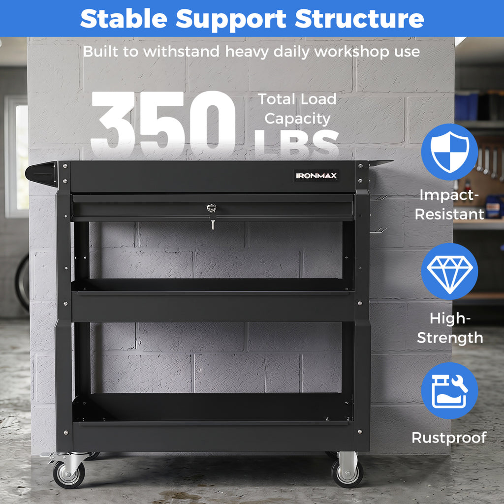 3 Tier Rolling Tool Cart with Lockable Drawer for Garage and Workshop-Black