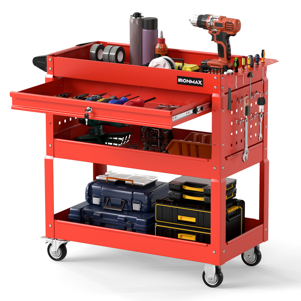 3 Tier Rolling Tool Cart with Lockable Drawer for Garage and Workshop-Red