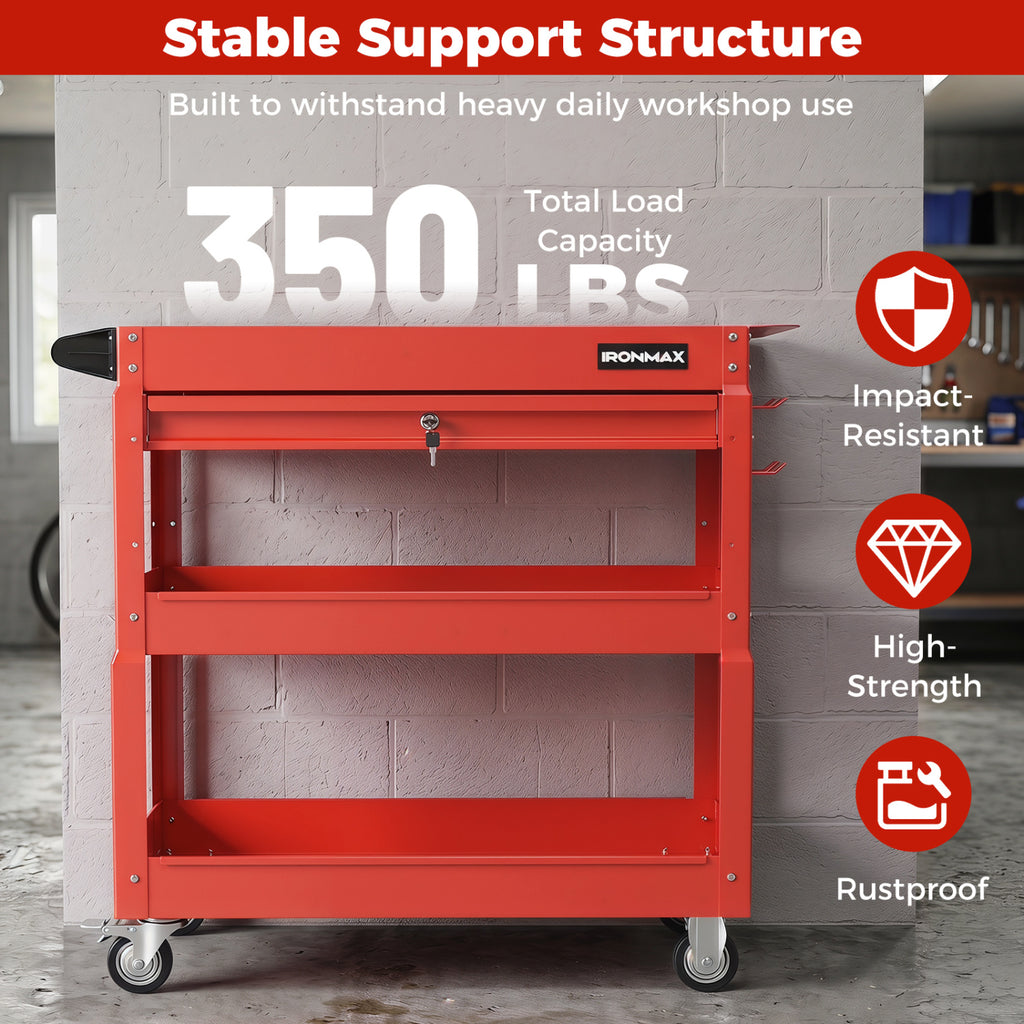 3 Tier Rolling Tool Cart with Lockable Drawer for Garage and Workshop-Red