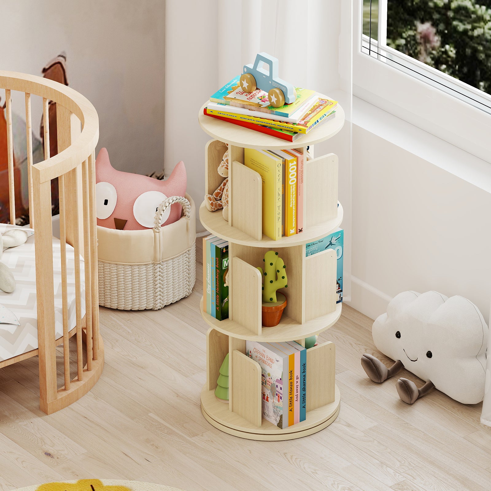 3-Tier Rotating Bookshelf with Dividers and Anti-falling Baffles-Natural