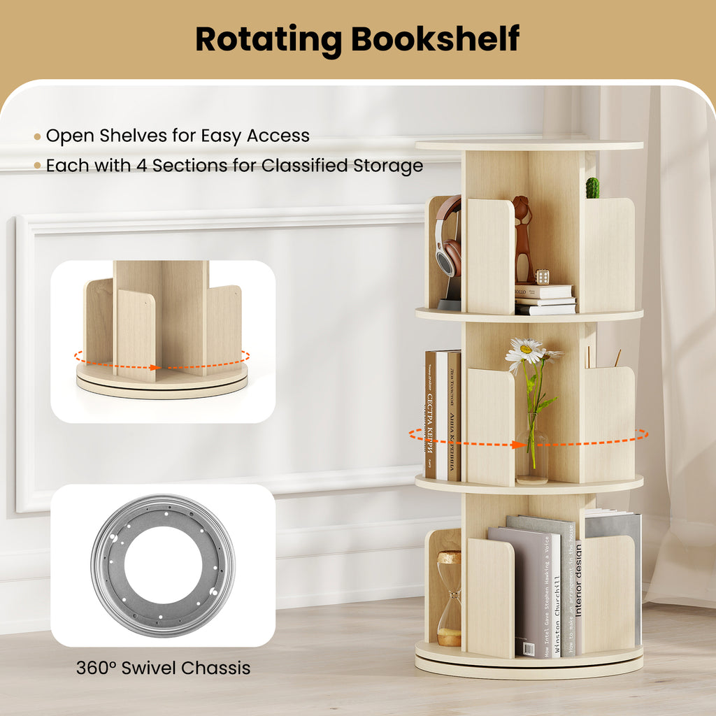 3-Tier Rotating Bookshelf with Dividers and Anti-falling Baffles-Natural