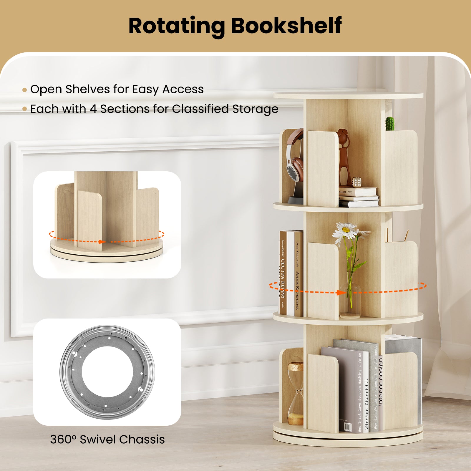 3-Tier Rotating Bookshelf with Dividers and Anti-falling Baffles-Natural