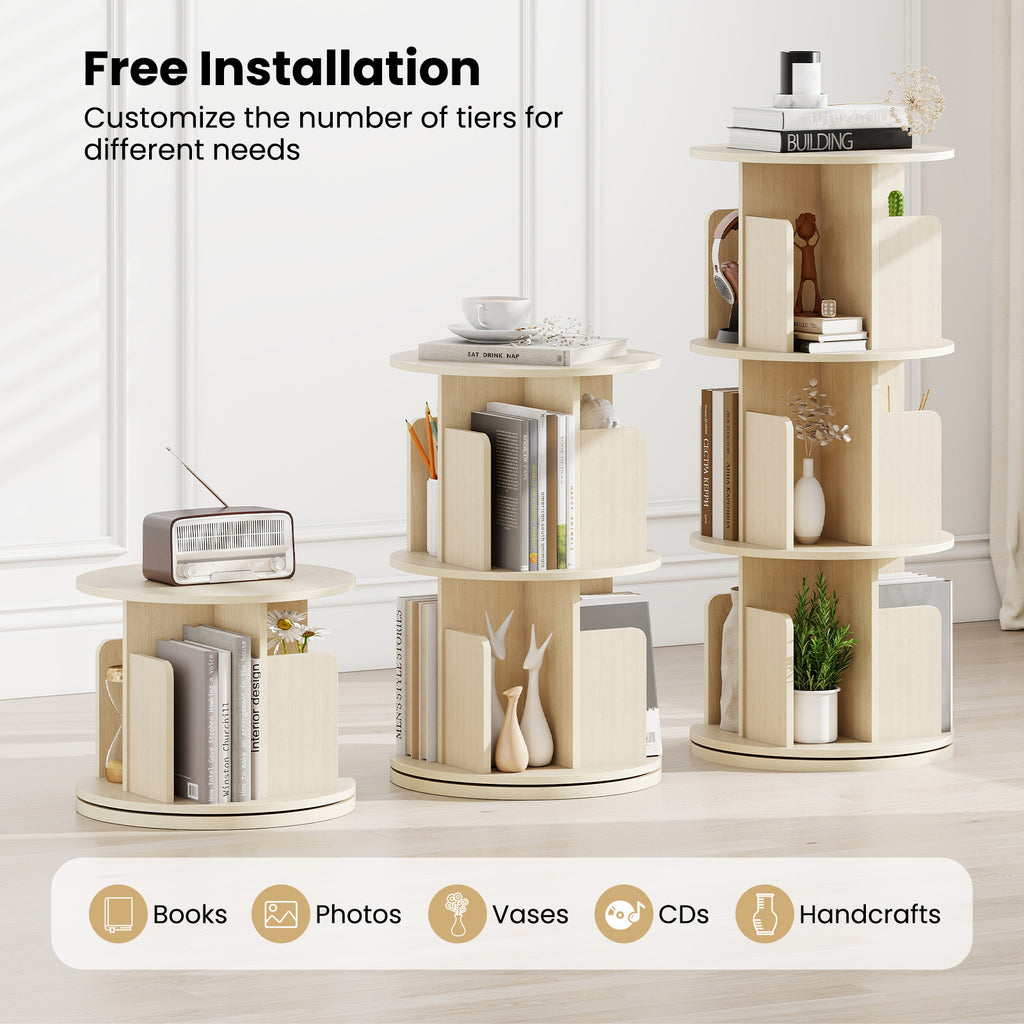 3-Tier Rotating Bookshelf with Dividers and Anti-falling Baffles-Natural