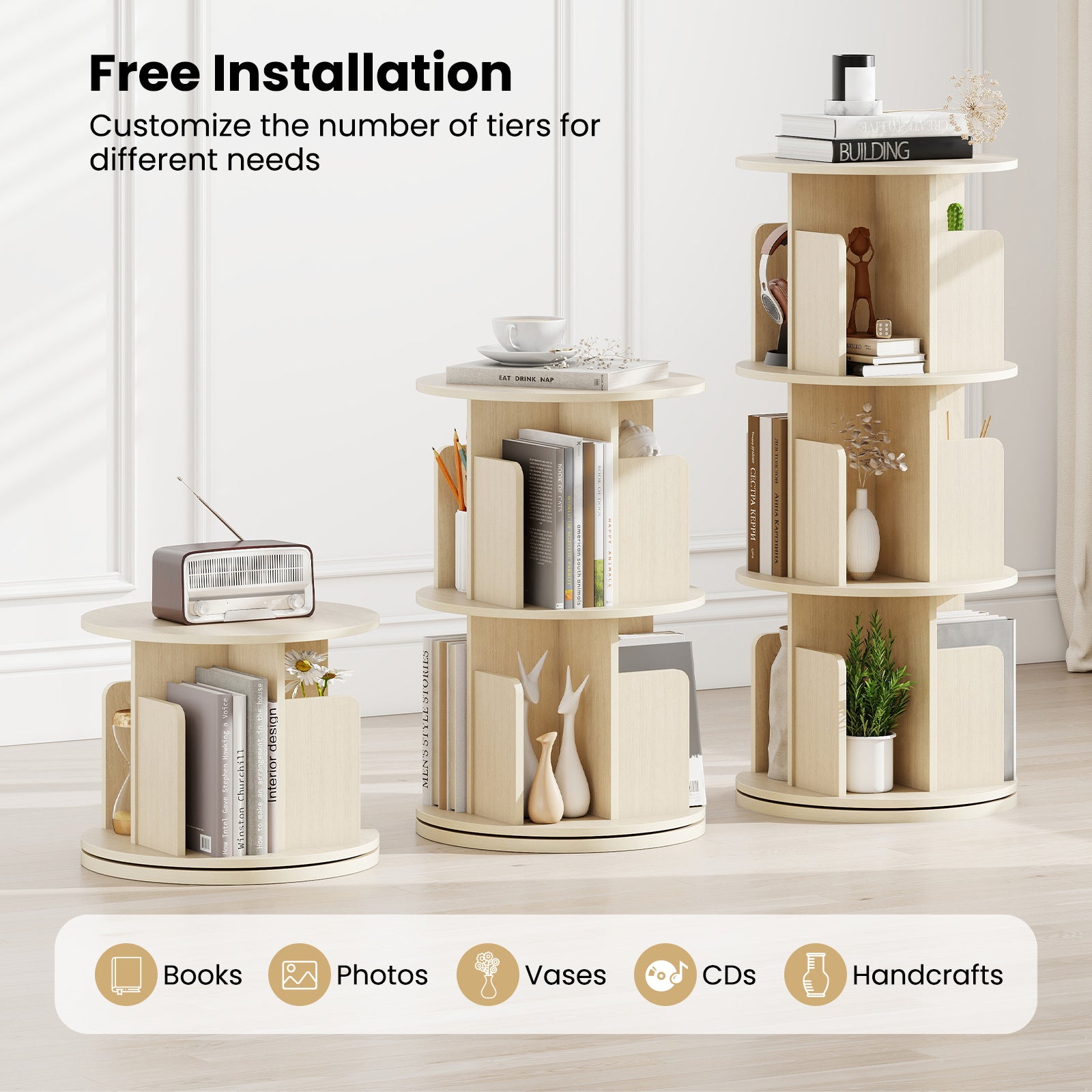 3-Tier Rotating Bookshelf with Dividers and Anti-falling Baffles-Natural