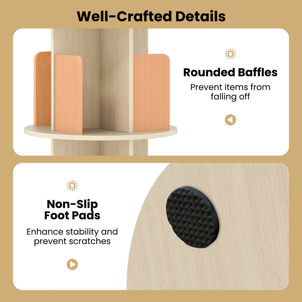 3-Tier Rotating Bookshelf with Dividers and Anti-falling Baffles-Natural