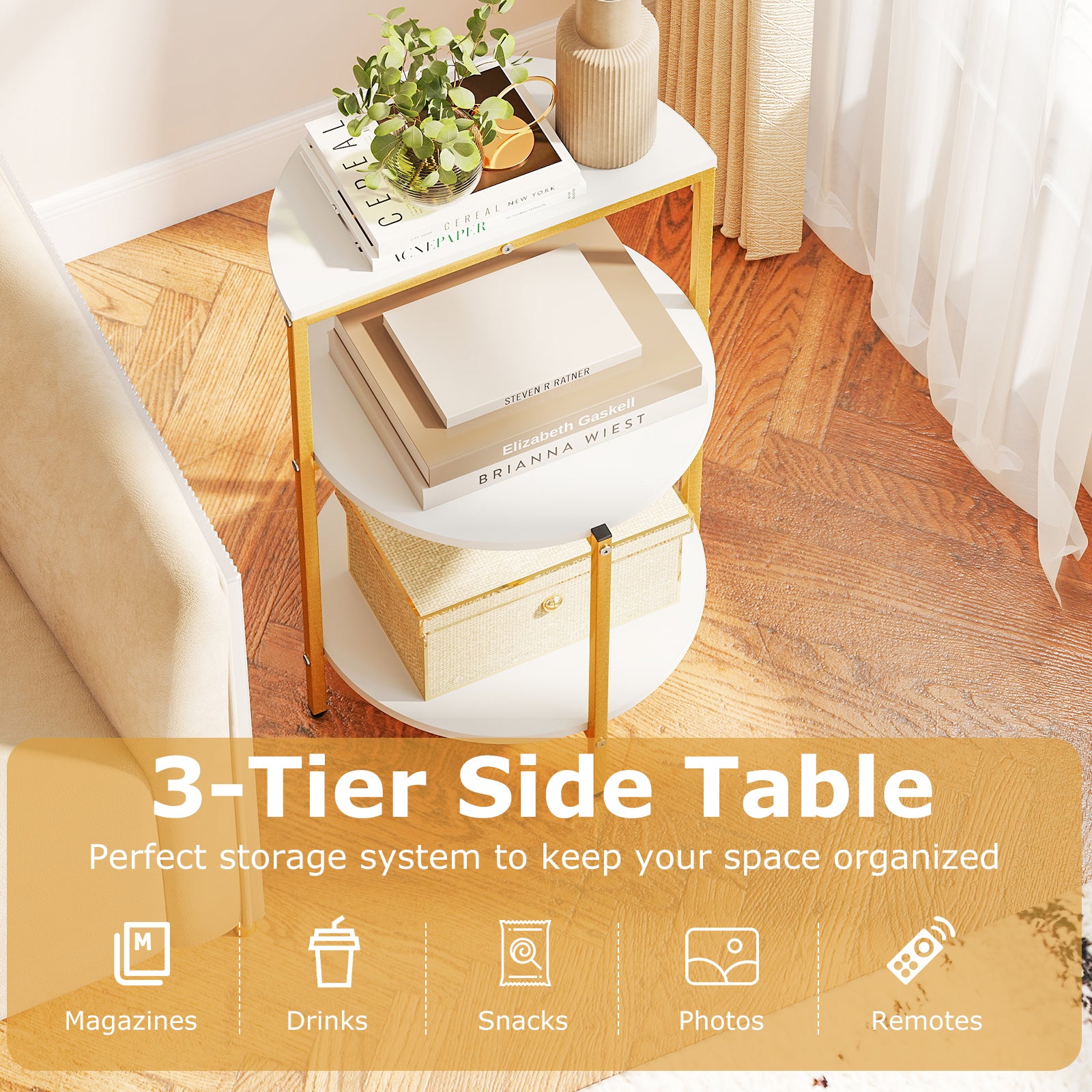 3-Tier Round End Table for Small Space and Bedroom Room-Set of 1