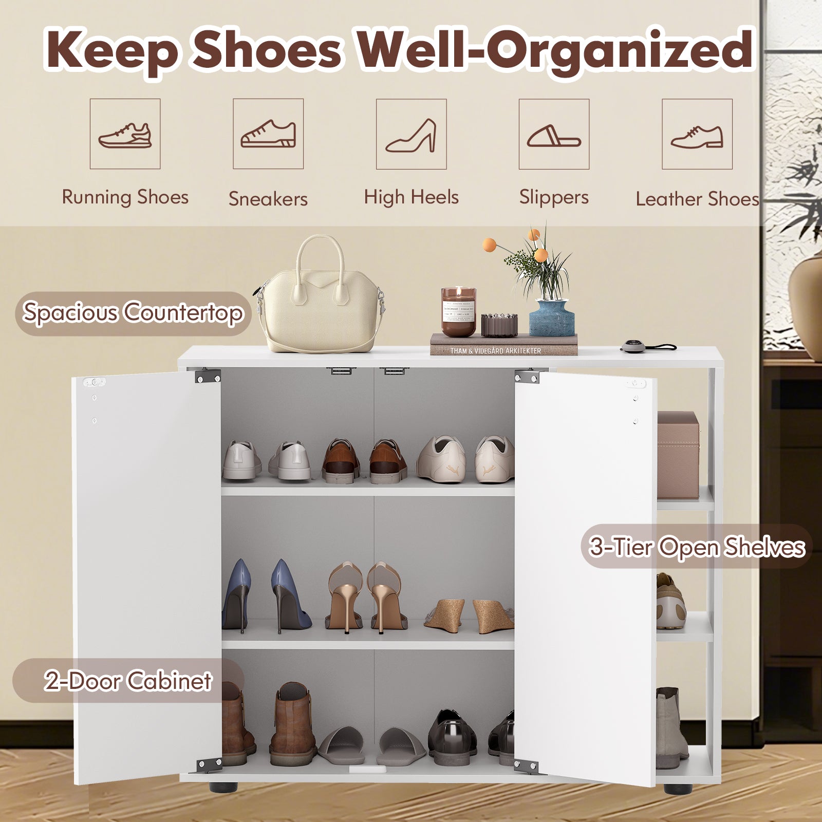 3-Tier Shoe Cabinet with Doors with Adjustable Open Shelves for Entryway-White