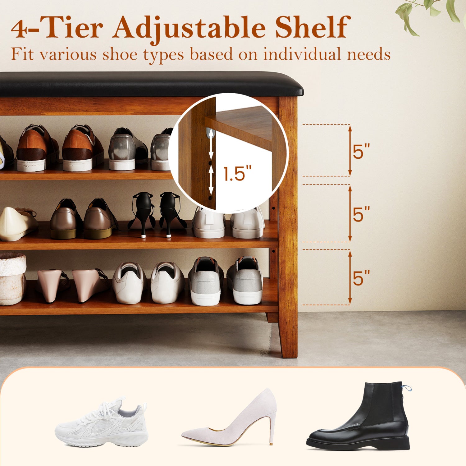 3-Tier Shoe Rack Bench with Adjustable Shelves and Soft Cushion for Entryway and Living Room-Brown