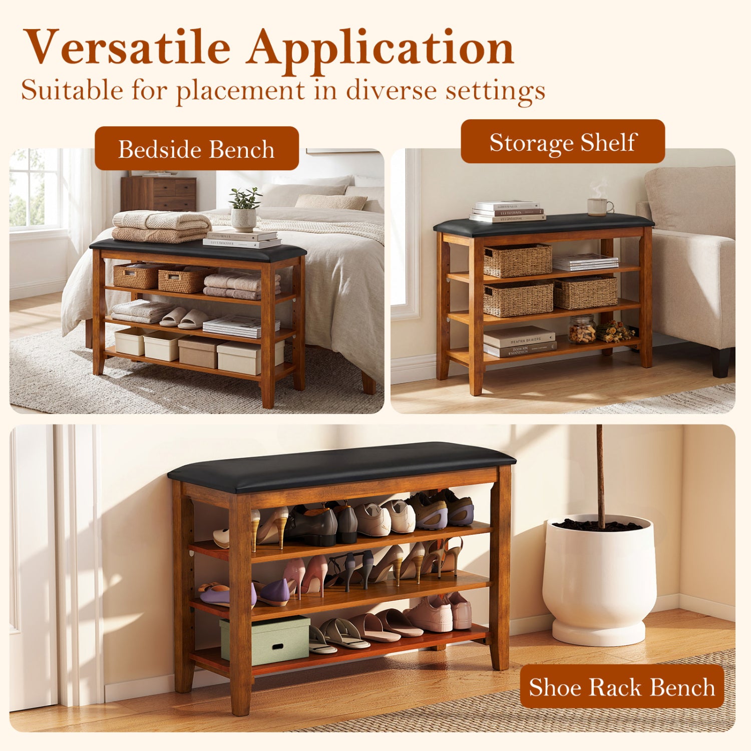 3-Tier Shoe Rack Bench with Adjustable Shelves and Soft Cushion for Entryway and Living Room-Brown