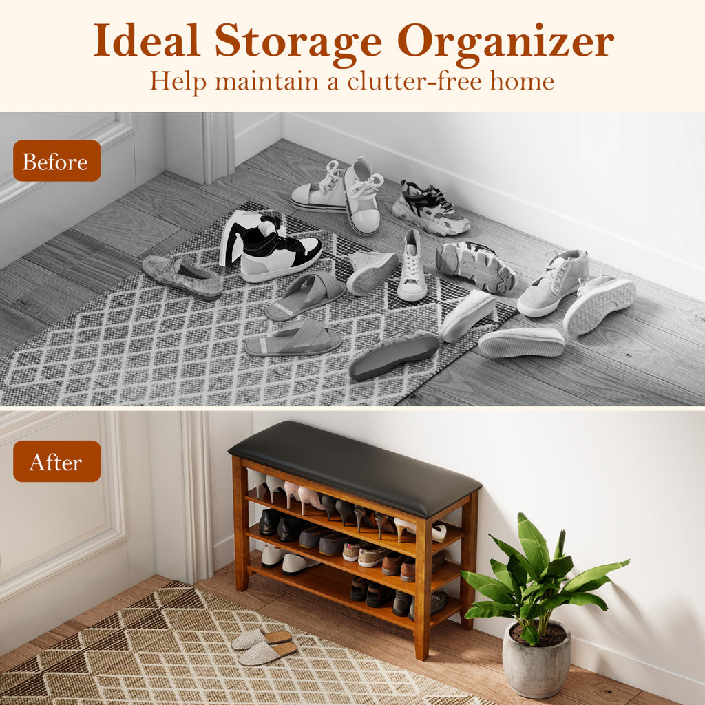 3-Tier Shoe Rack Bench with Adjustable Shelves and Soft Cushion for Entryway and Living Room-Brown