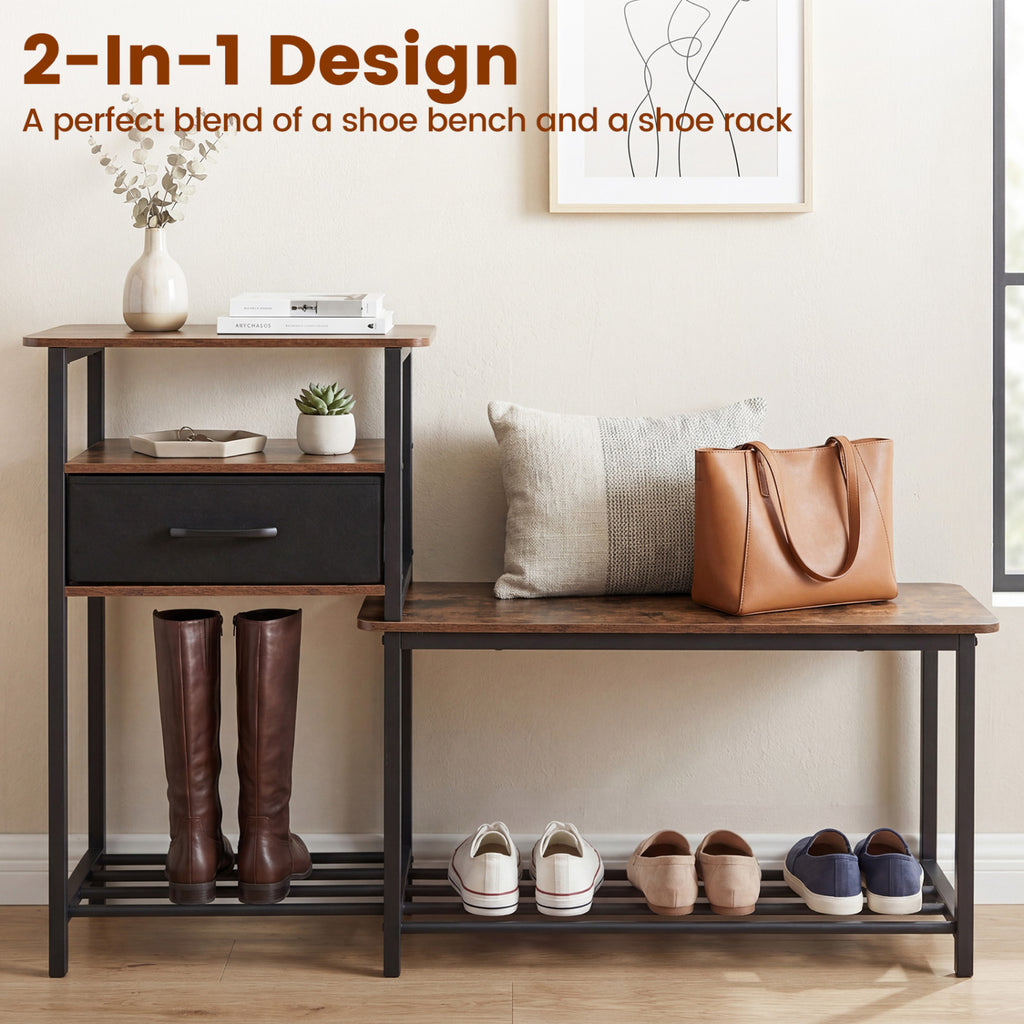 3-Tier Shoe Storage Rack Bench with Drawer and Metal Frame-Rustic Brown