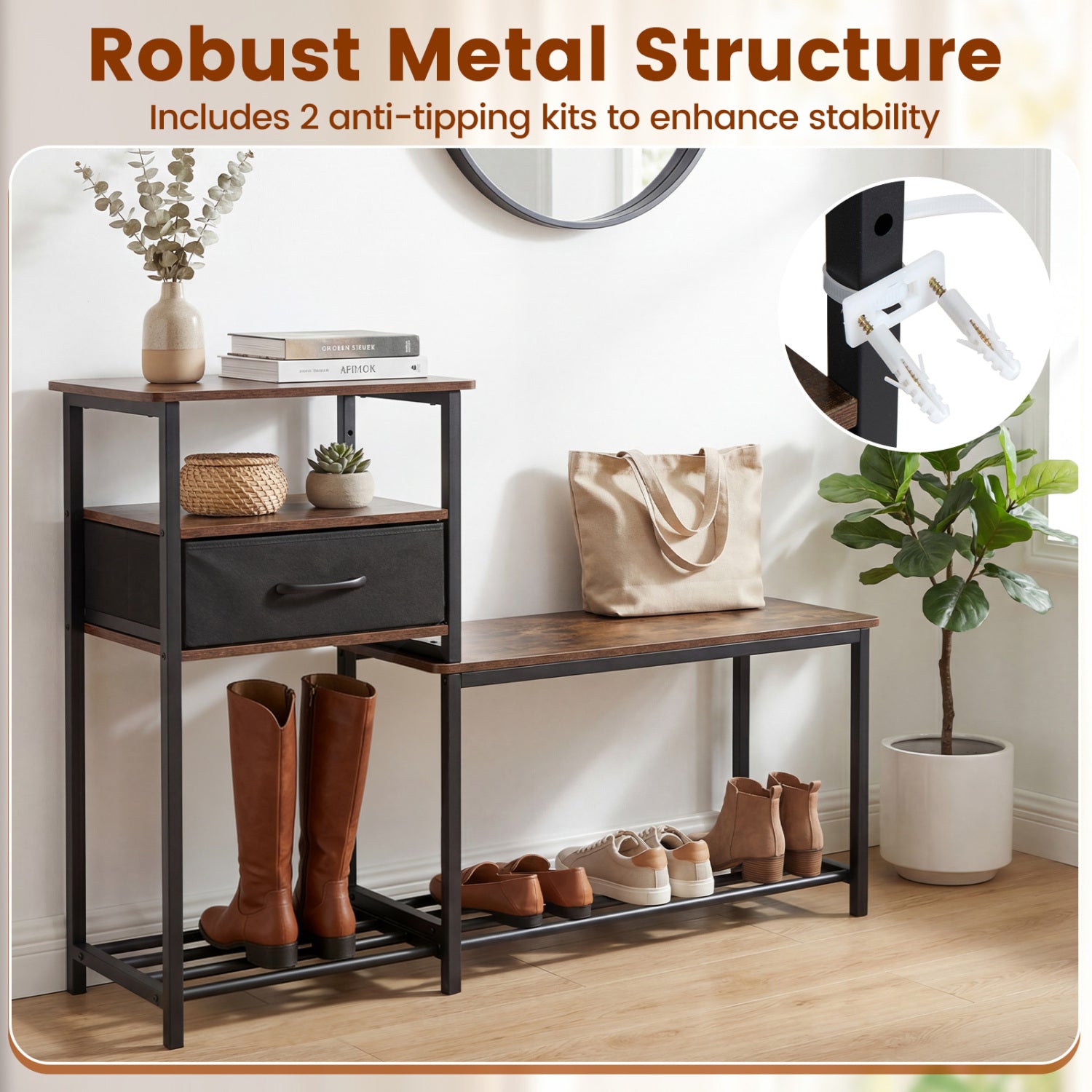 3-Tier Shoe Storage Rack Bench with Drawer and Metal Frame-Rustic Brown