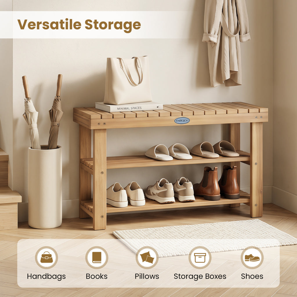 3-Tier Solid Wood Shoe Rack Bench with Slatted Shelves-M