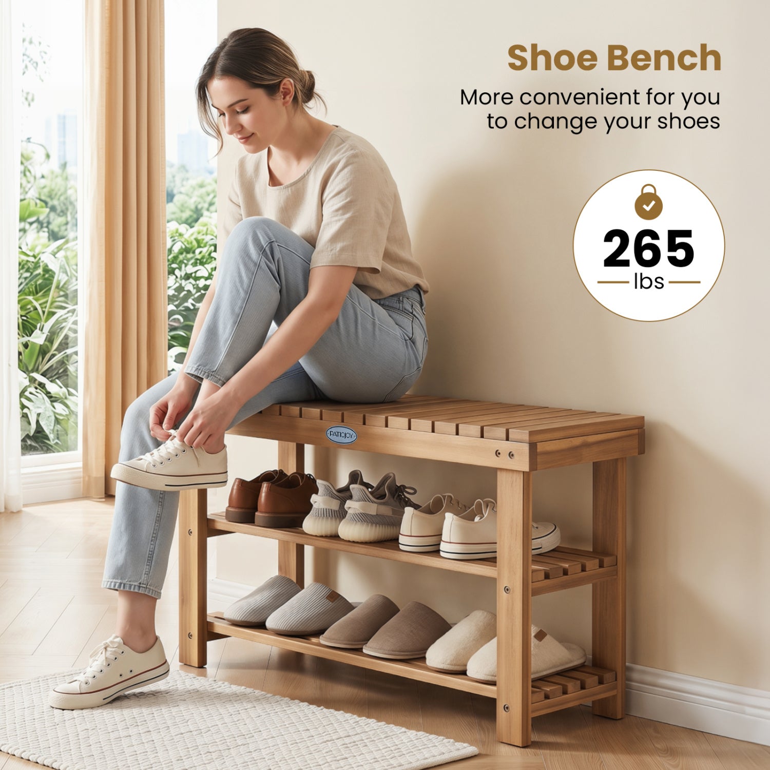 3-Tier Solid Wood Shoe Rack Bench with Slatted Shelves-M