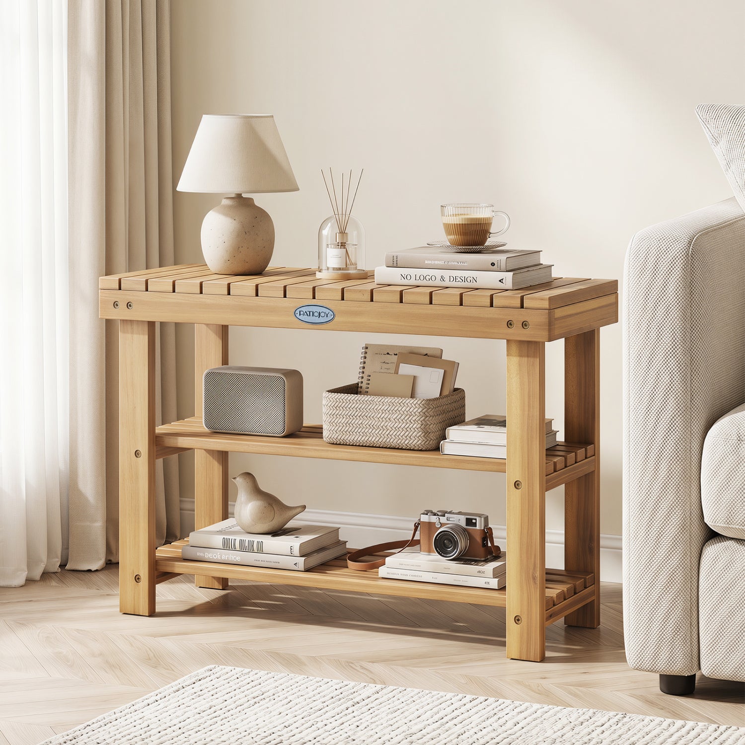 3-Tier Solid Wood Shoe Rack Bench with Slatted Shelves-M