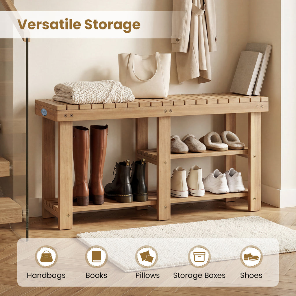 3-Tier Solid Wood Shoe Rack Bench with Slatted Shelves-L