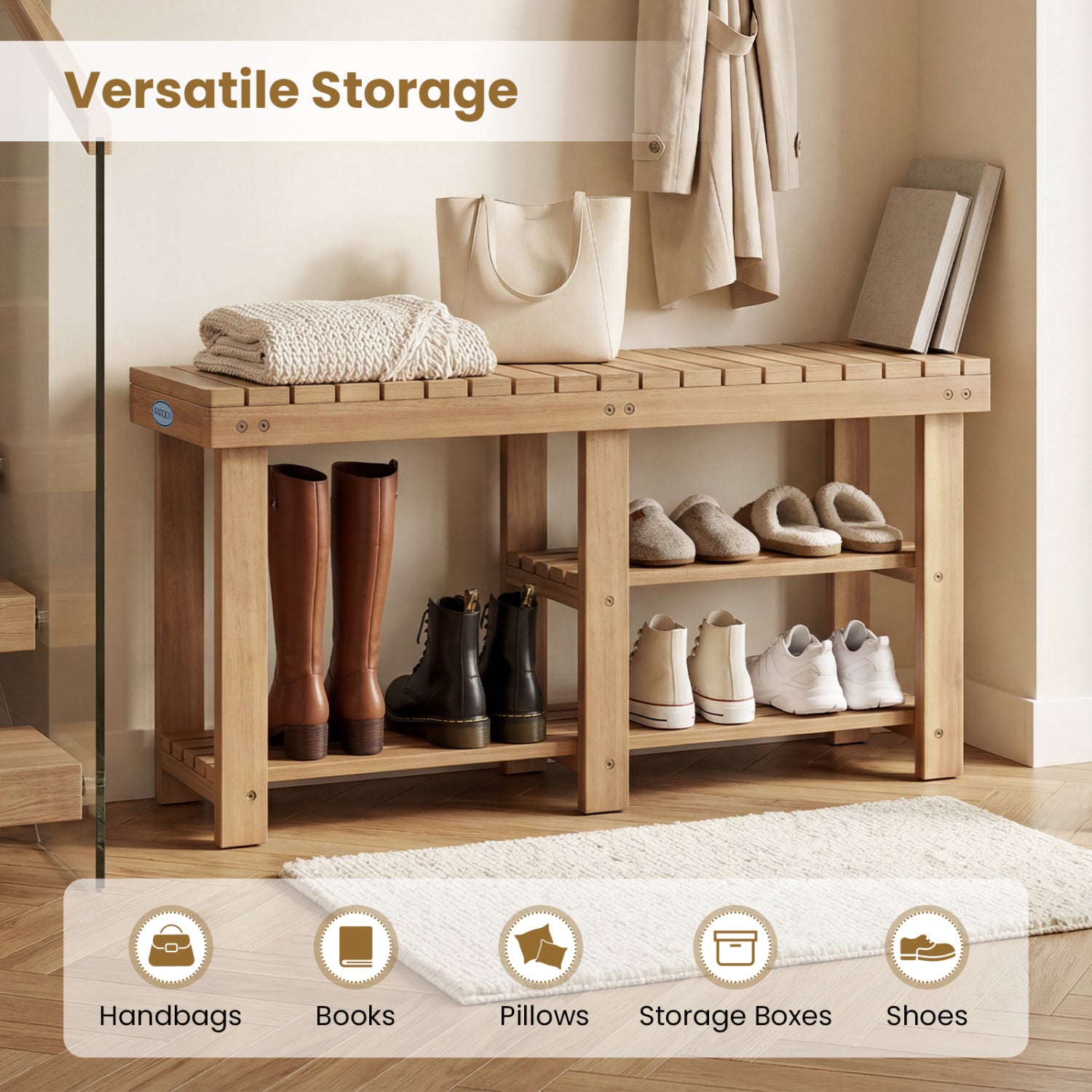3-Tier Solid Wood Shoe Rack Bench with Slatted Shelves-L