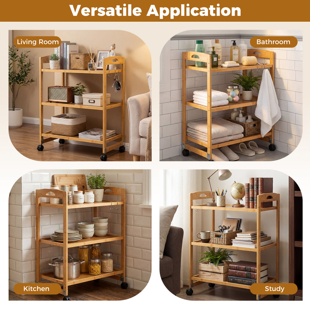 3-Tier Storage Rolling Cart Bamboo Utility Cart with 4 Universal Wheels-Natural