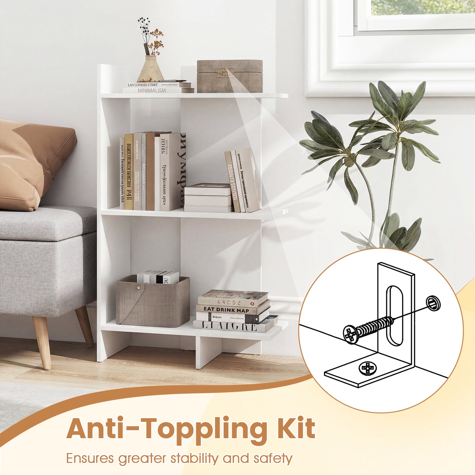 3 Tier Wooden Bookshelf with Anti-Tipping Kit-White