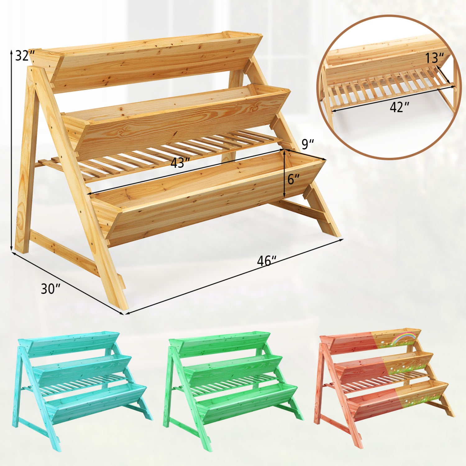 Jardinière surélevée verticale à 3 niveaux en bois avec étagère de rangement