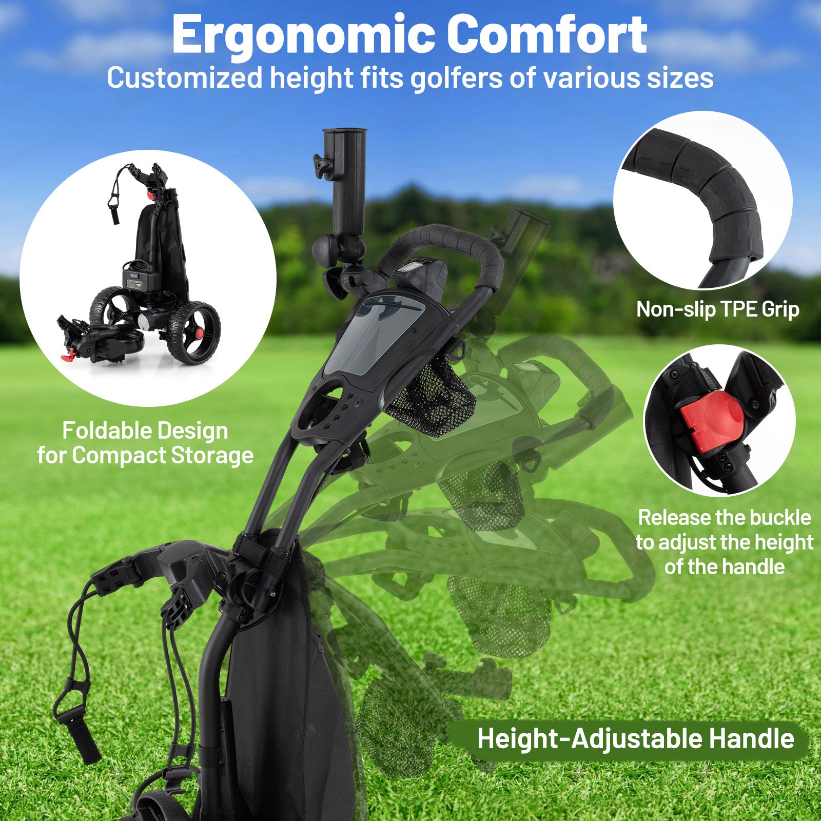 3 Wheel Golf Bag Cart with Adjustable Handle and 9 Speed Settings