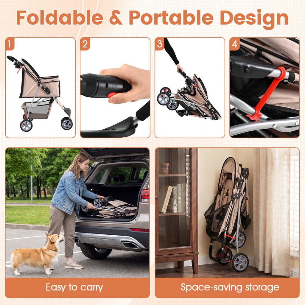 3 Wheel Pet Stroller for Small Dogs Cats up to 33 LBS-Beige