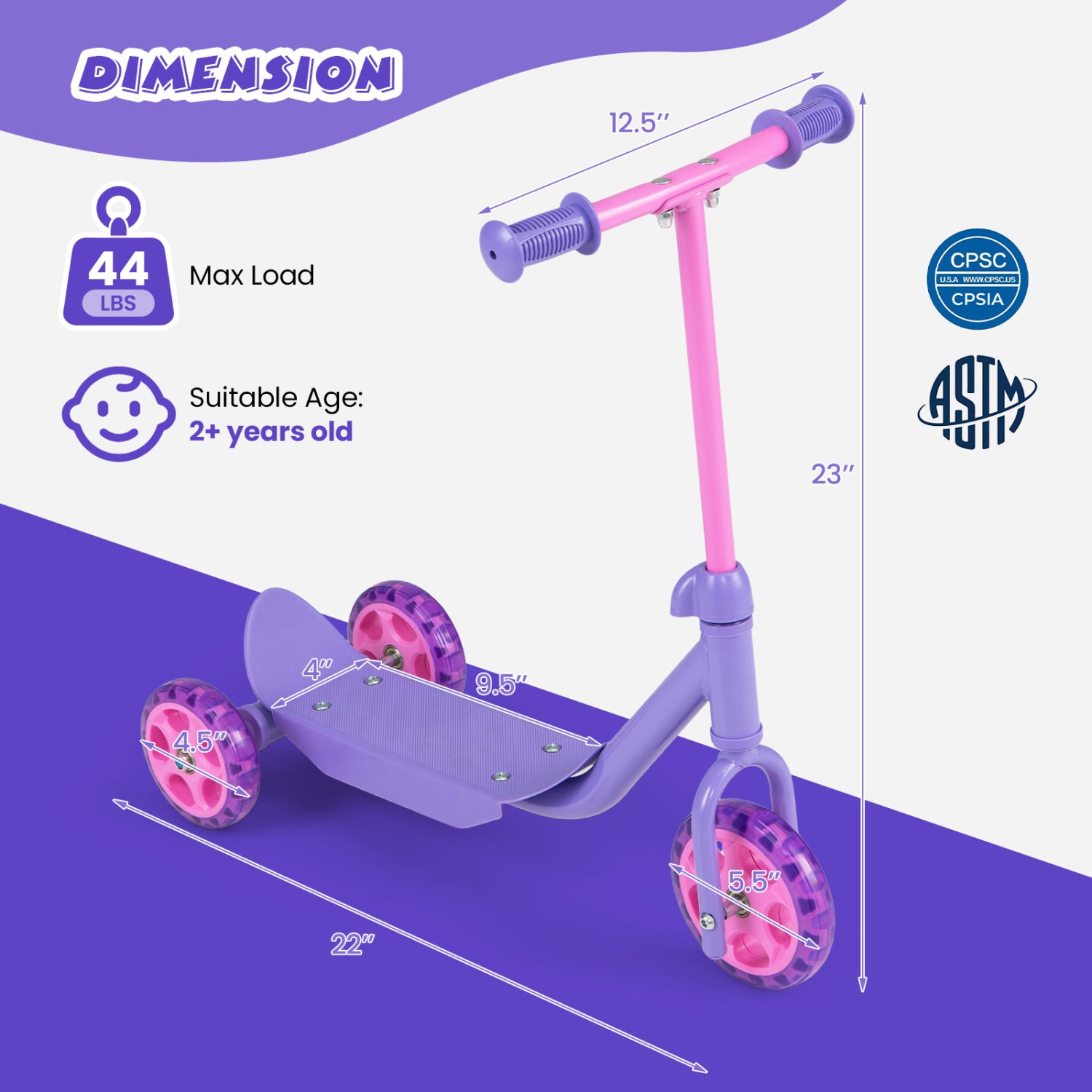 3 Wheels Scooter for Kids Age 2+ with LED Light-Up Wheels and Wide Anti-Slip Deck-Purple