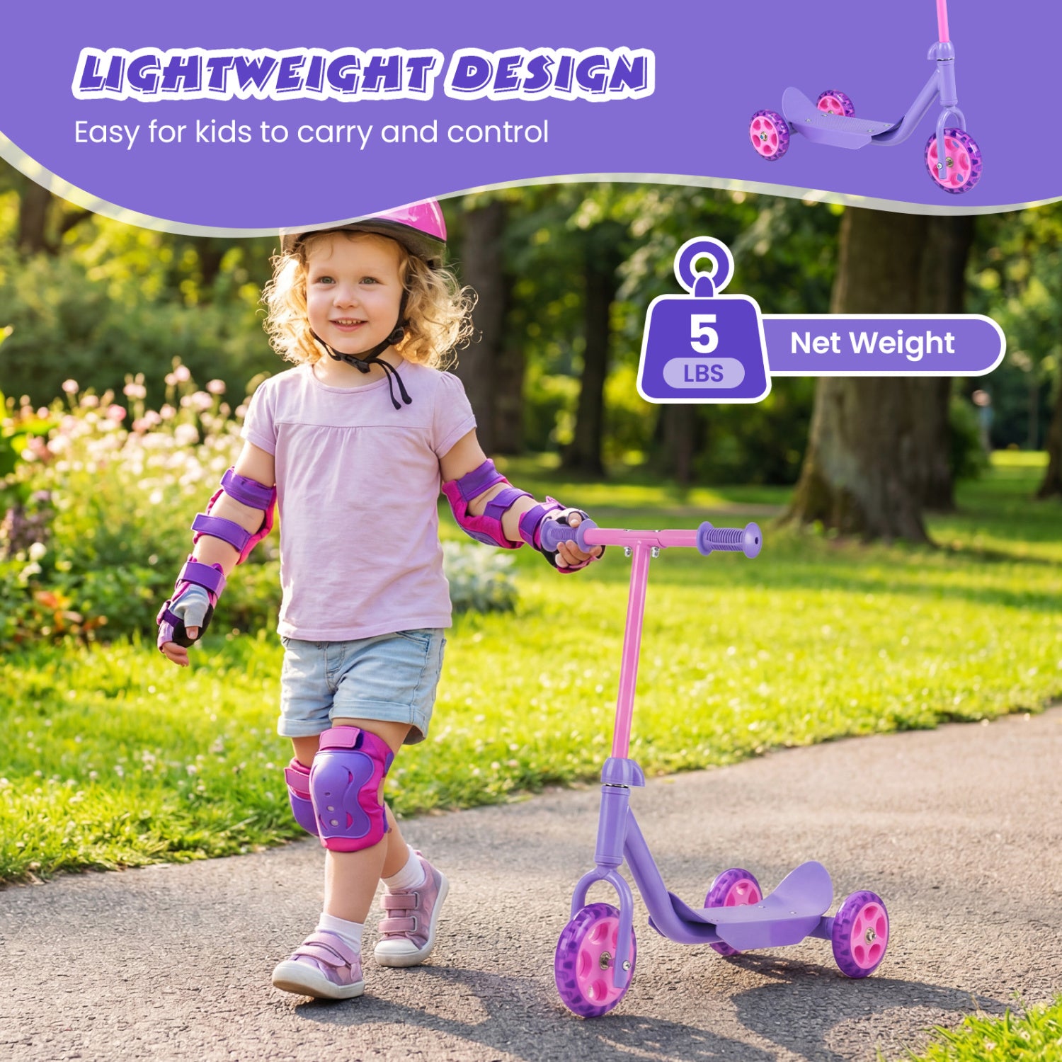 3 Wheels Scooter for Kids Age 2+ with LED Light-Up Wheels and Wide Anti-Slip Deck-Purple