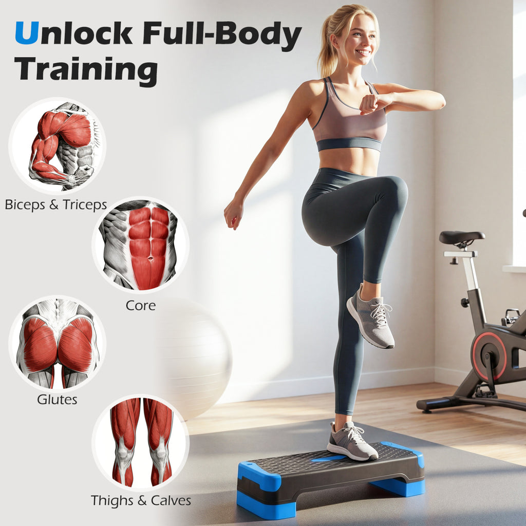 3-in-1 Aerobic Step Platform Set with 2 Stackable Risers and Balance Trainers for Home-Blue