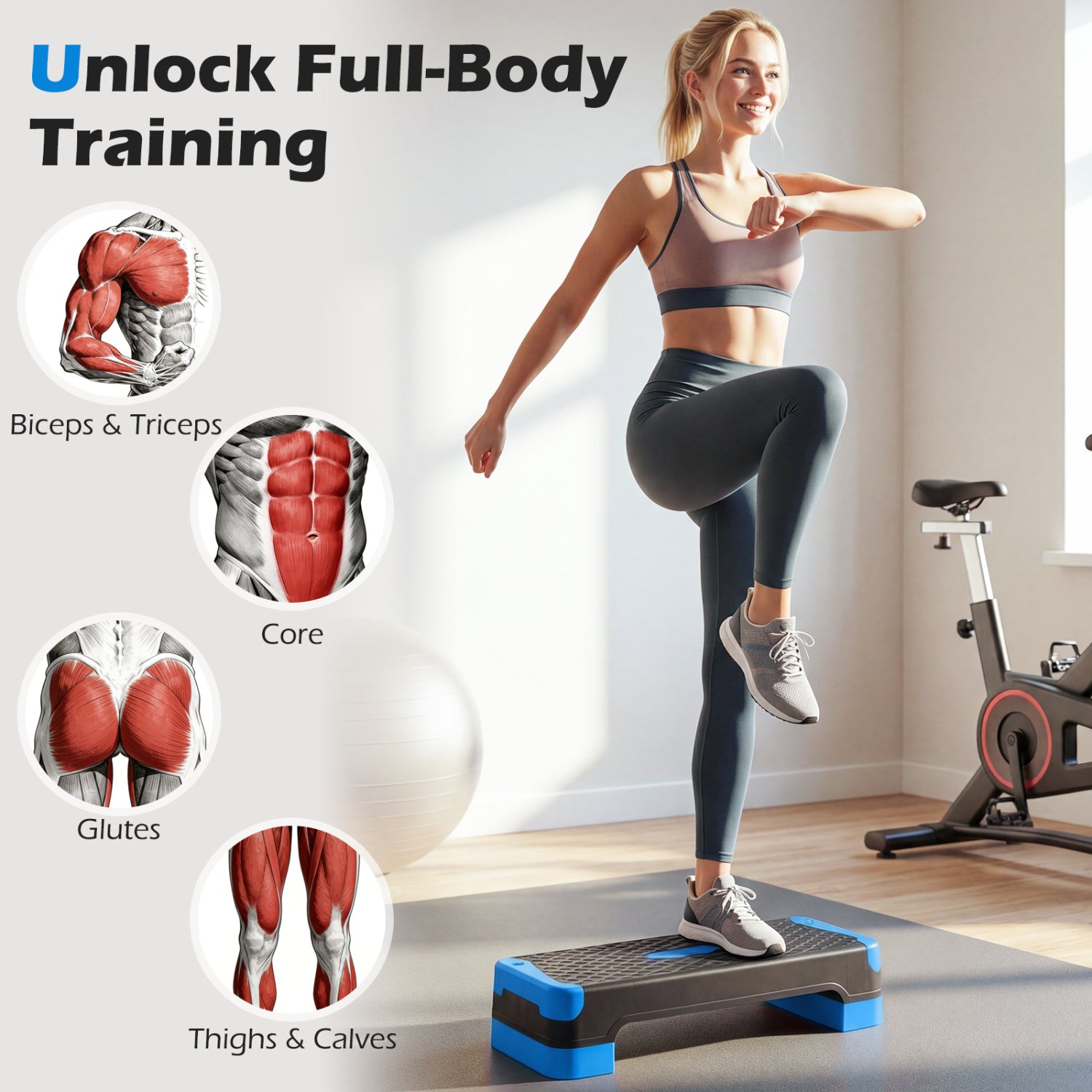 3-in-1 Aerobic Step Platform Set with 2 Stackable Risers and Balance Trainers for Home-Blue