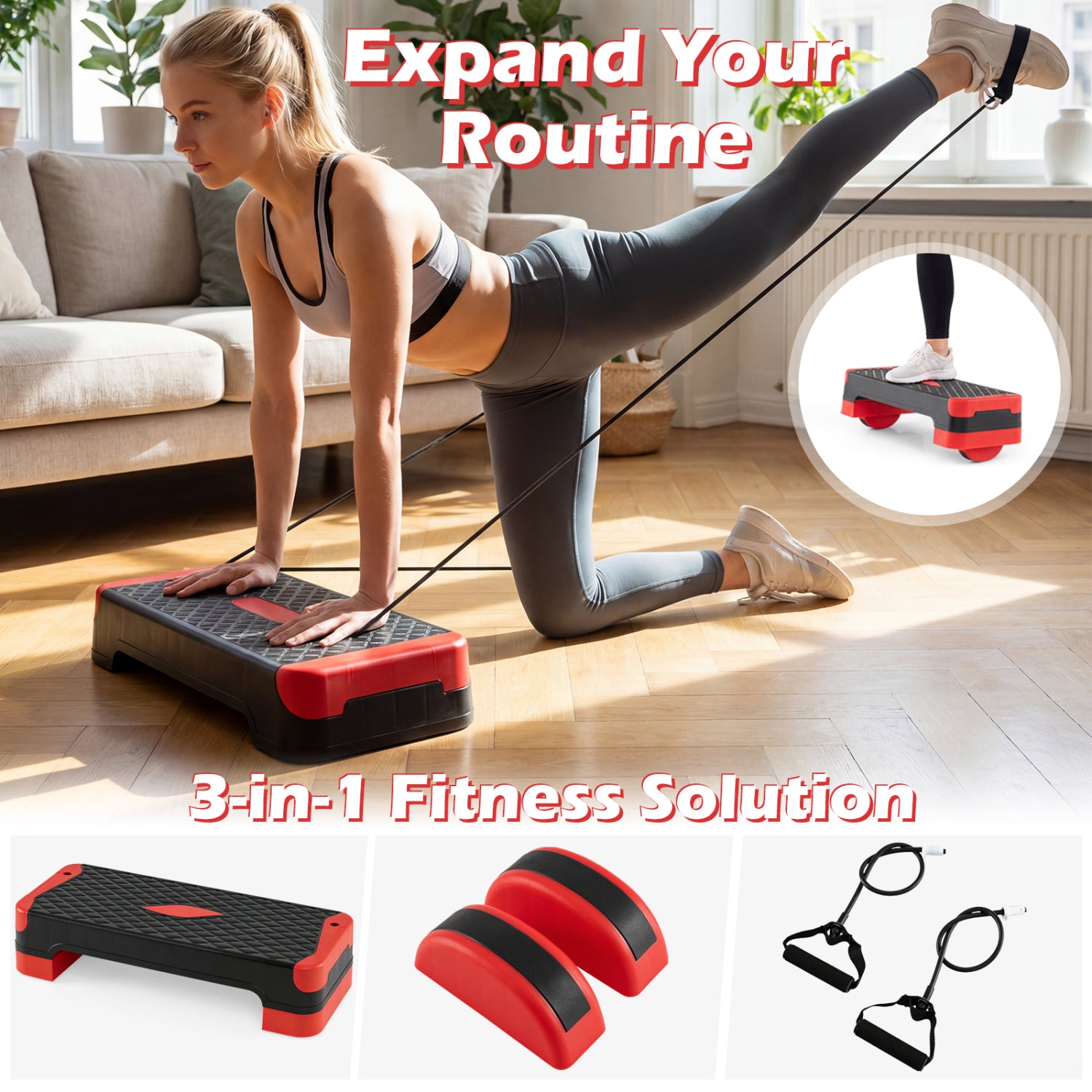 3-in-1 Aerobic Step Platform Set with 2 Stackable Risers and Balance Trainers for Home-Red