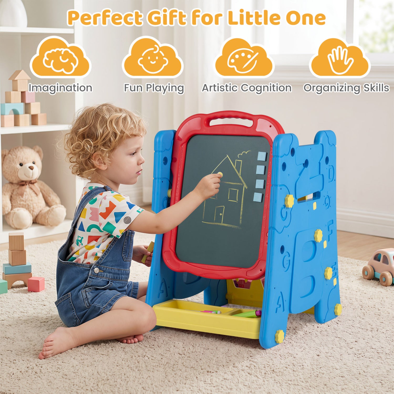 3 in 1 Art Easel for Kids with Double Sided Magnetic Board-Blue