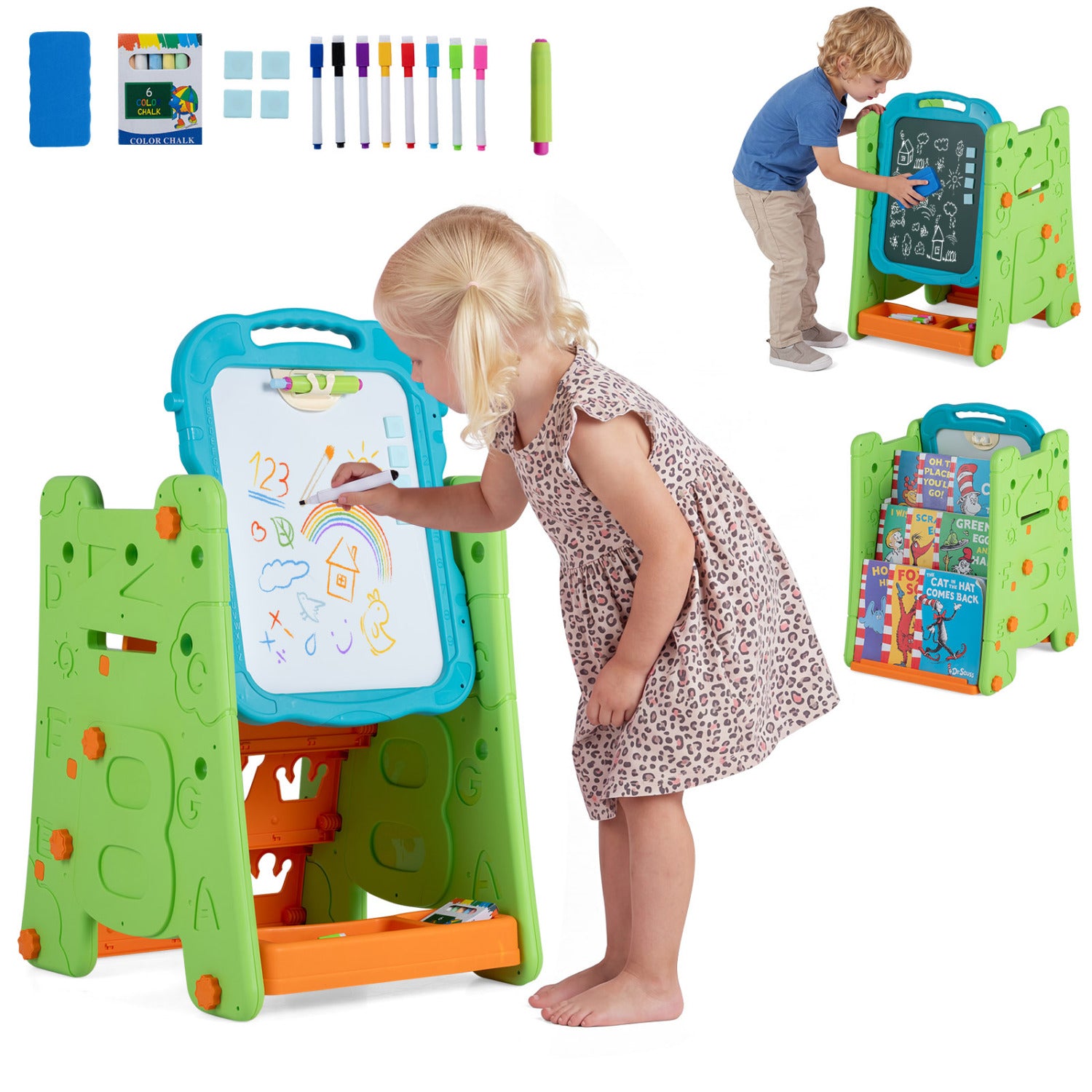 3 in 1 Art Easel for Kids with Double Sided Magnetic Board-Green