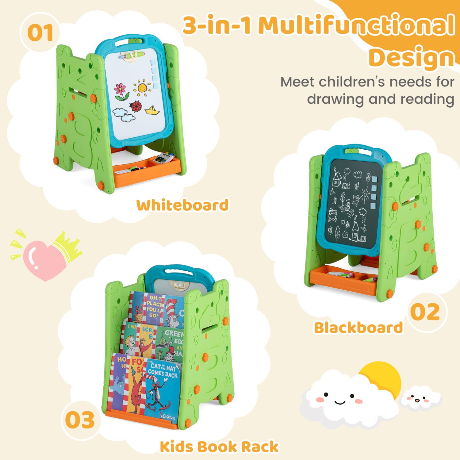 3 in 1 Art Easel for Kids with Double Sided Magnetic Board-Green