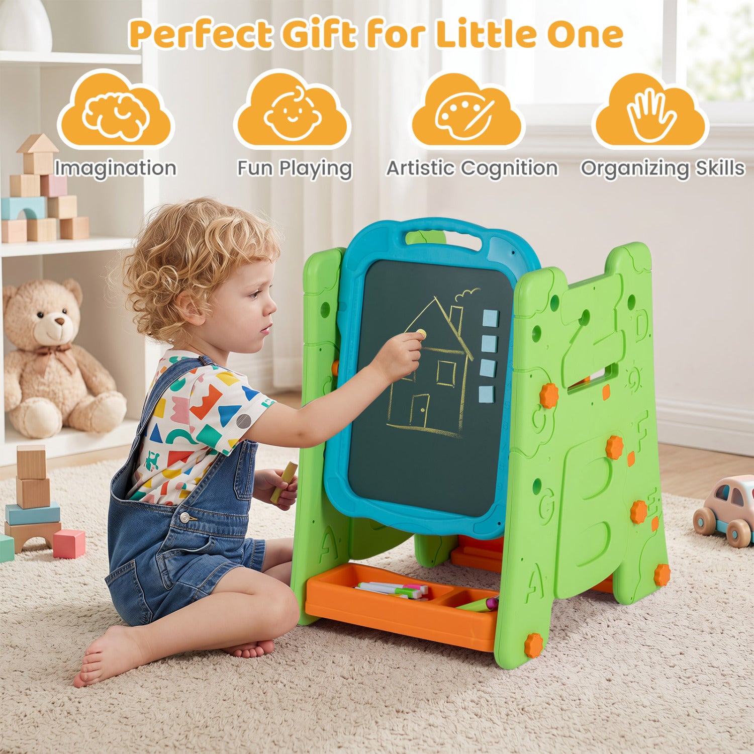 3 in 1 Art Easel for Kids with Double Sided Magnetic Board-Green